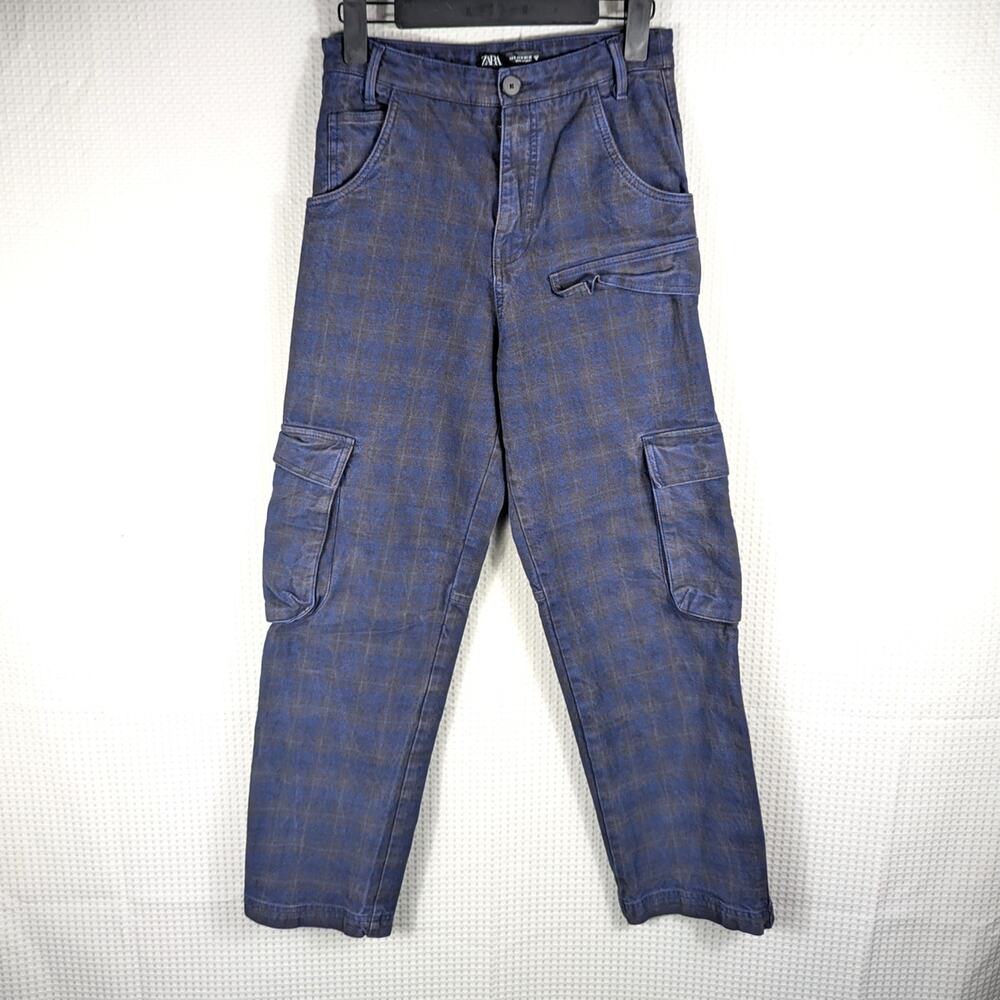 Zara Cargo Pants Small 28x28  Blue Plaid 99% Cotton Utility Pockets Casual Style